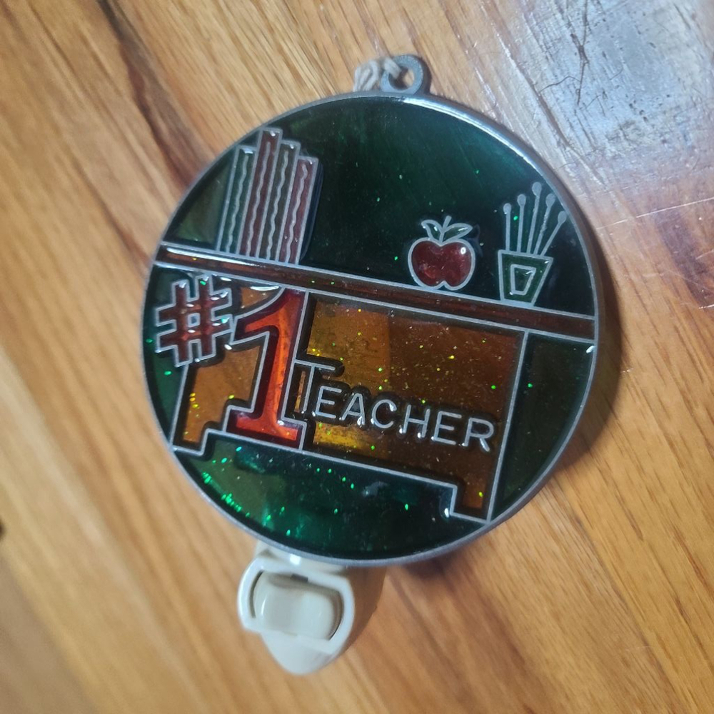 Vintage stained glass Teacher Night Light Green Orange